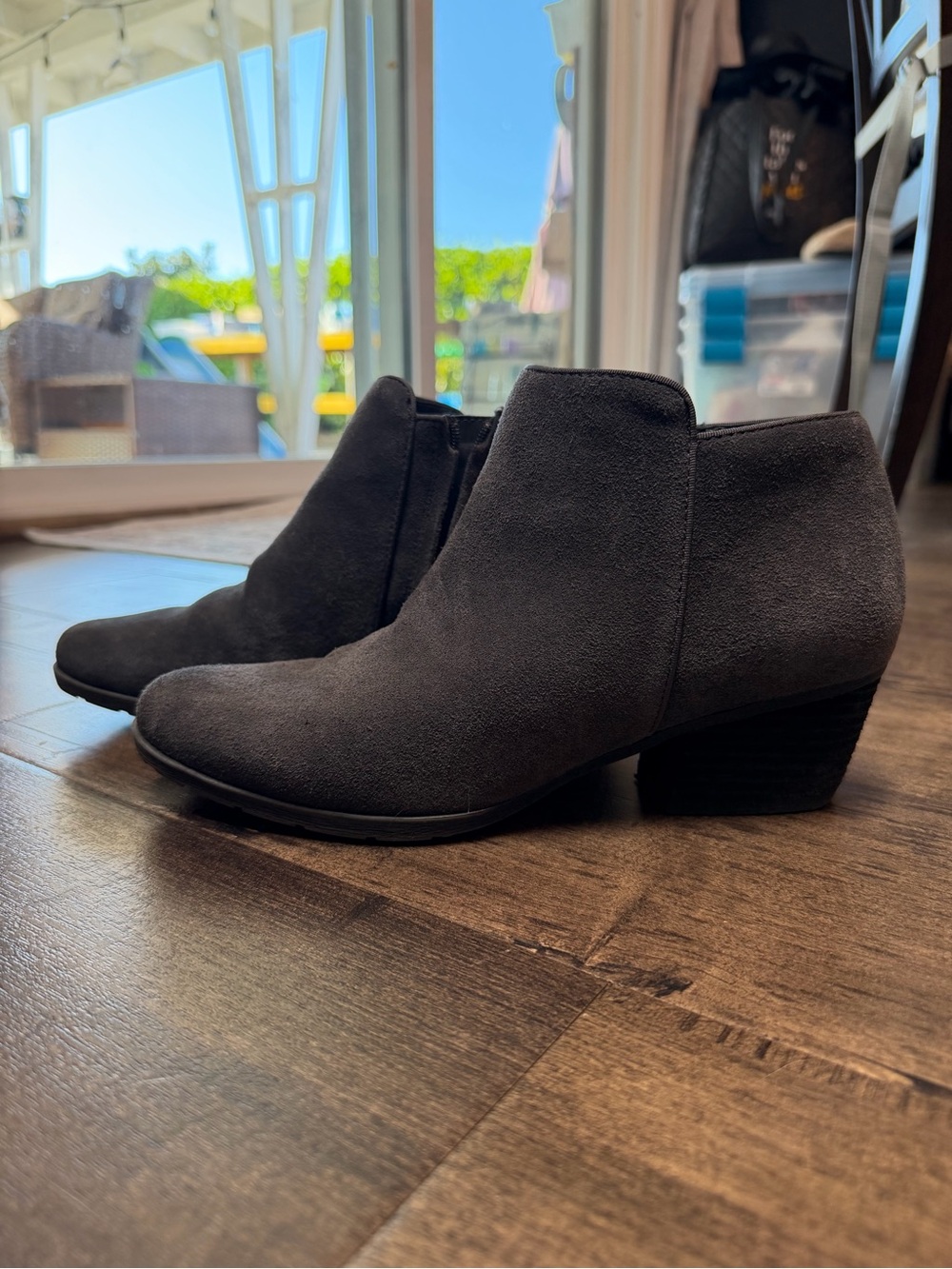 Blondo Charcoal Suede Ankle Booties with Low Block Heel